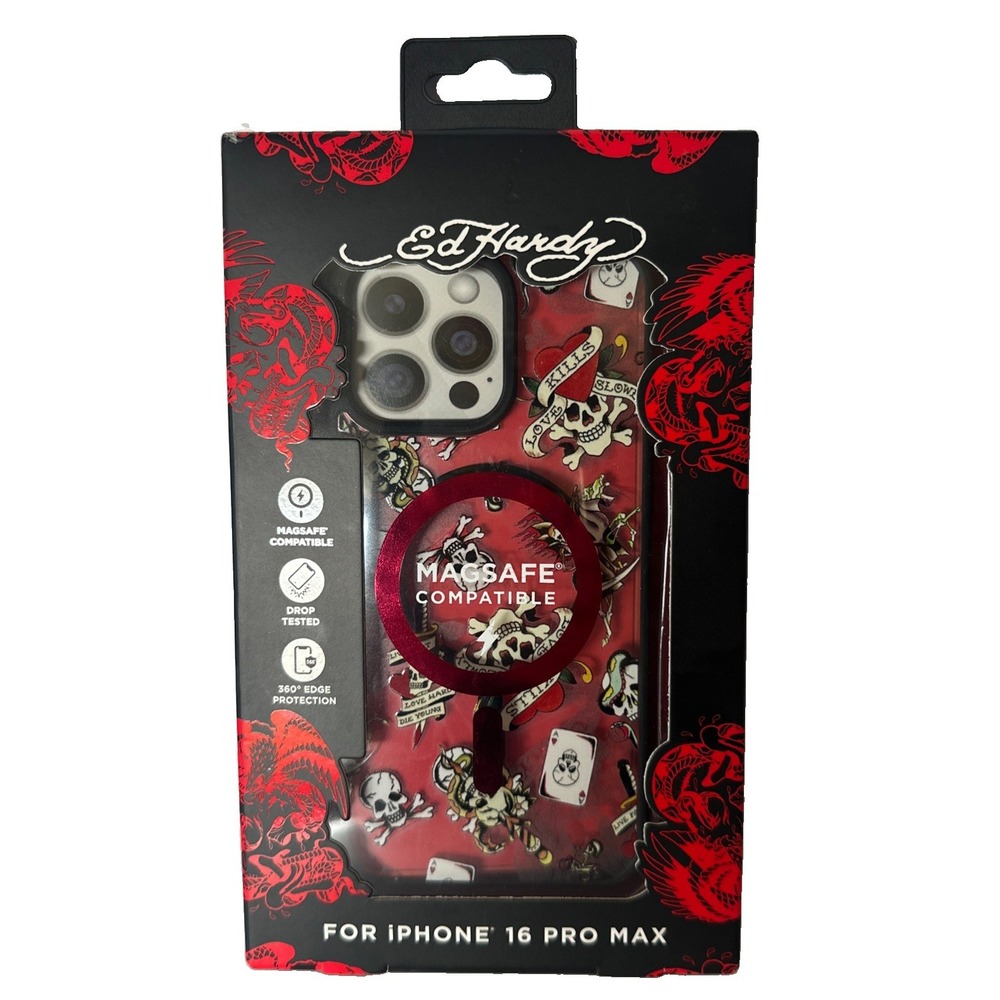 Ed Hardy Phone Case iPhone 16 Pro Max Red NIB MagSafe Skull Tattoo Y2K